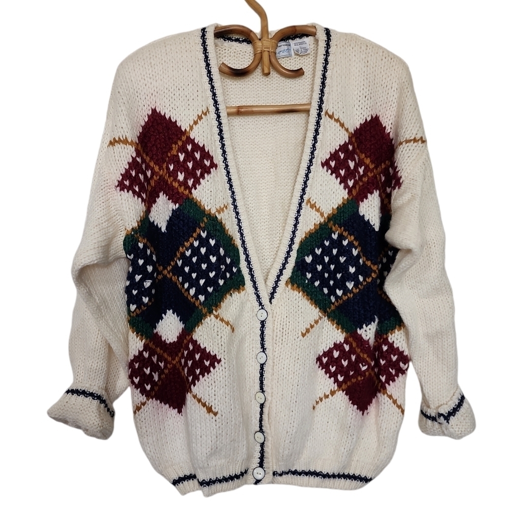 ​Vtg Maggie Lawrence Argyle Ramie Blend Cardigan Sweater L - Picture 2 of 10